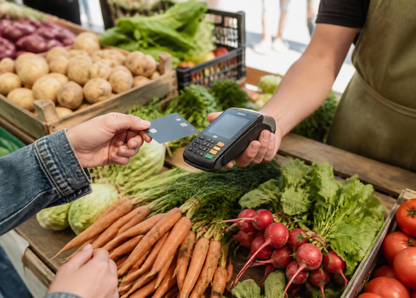 A customer paying by card at a local market stall