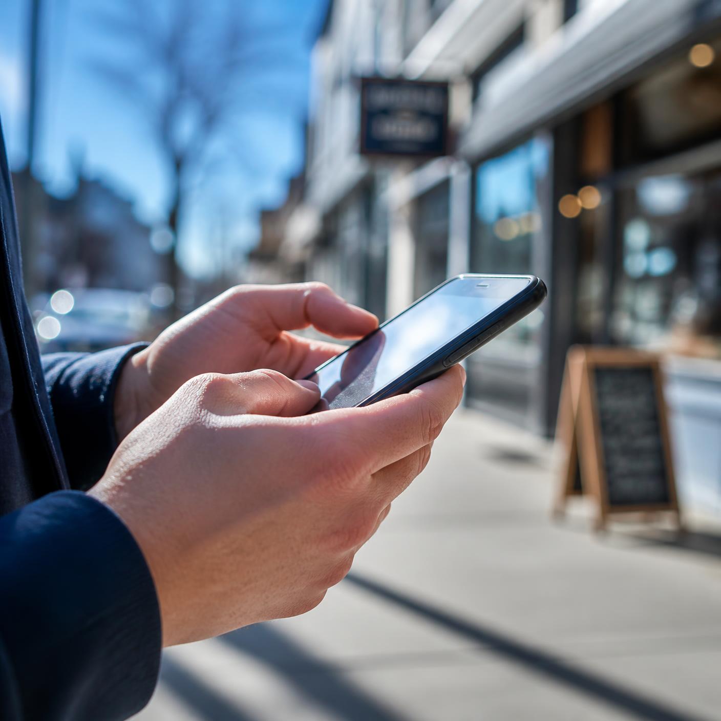 A person searching for a nearby local business on their phone