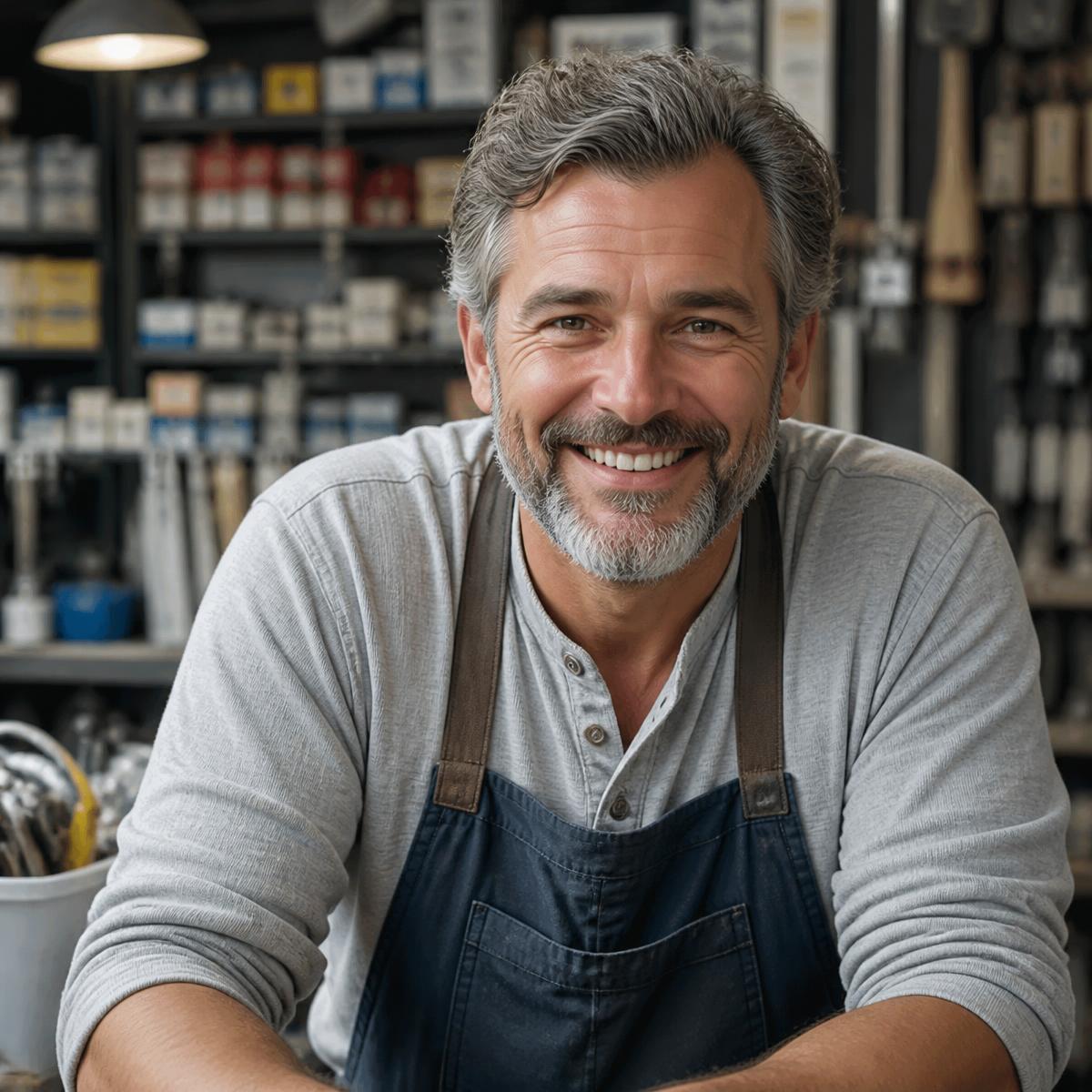 A local business owner smiling behind the counter